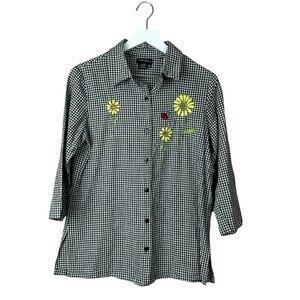 Jeevan Black And White Checkered Shirt Sunflower Embroidery Women Sz M